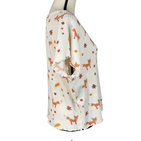 American Eagle X-Large Pajama Top Fox Print Waffle Knit Thermal Short Sleeve - Picture 4 of 9